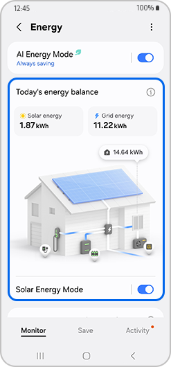 “Energy” screen with “Today’s energy balance” highlighted.