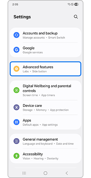 Selecting the Advanced features menu