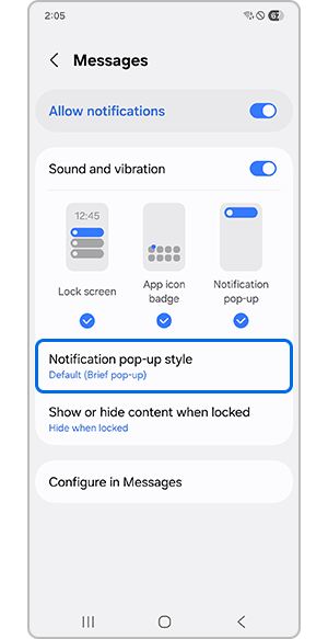 Selecting notification pop-up style