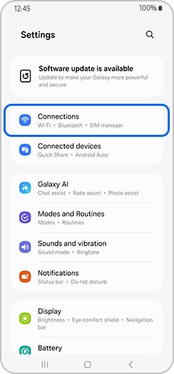 Connections highlighted on the Settings screen