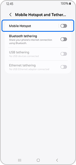 Mobile Hotspot highlighted on the Settings screen
