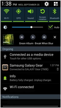 What does the media control app do on my Samsung Galaxy Gear?