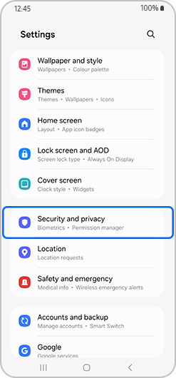 Security and privacy option highlighted