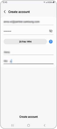 Date of birth example when creating a Samsung account