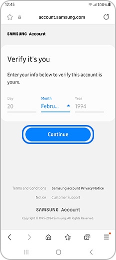 Enter Date of birth on Samsung account and continue