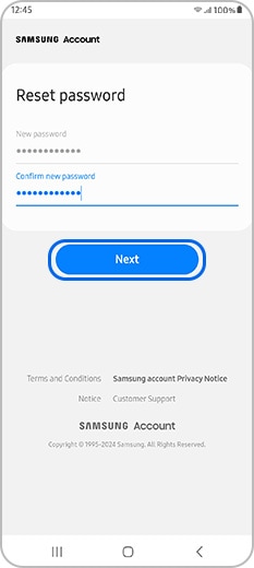 Reset Samsung account password and confirm