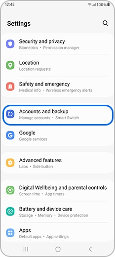 Accounts and backup in Settings