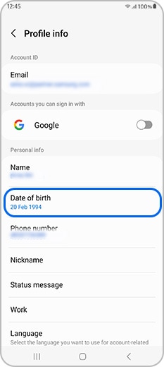 Tap Date of birth on the Samsung account profile