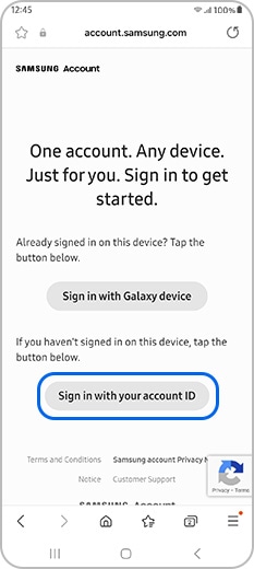 Sign in with your account id on the Samsung account webpage