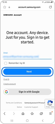 Enter your Samsung account email address. Tap Next button