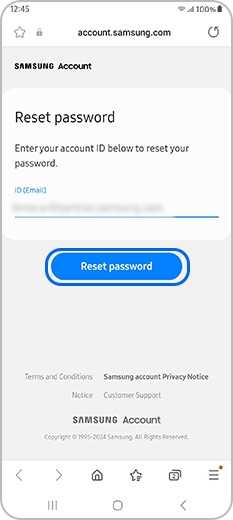 Reset password on the Samsung account webpage