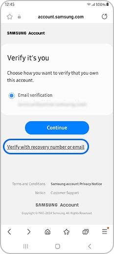 Verify Samsung account page with recovery number or email