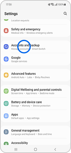 Accounts and backup selected in settings