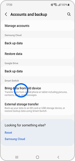 Bring data from old device selected in Accounts and backup