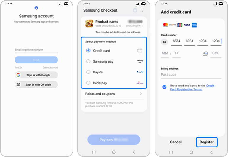 Samsung Account login screen.     “Samsung Checkout” screen with payment methods highlighted.		  “Add credit card” screen with “Register” highlighted.