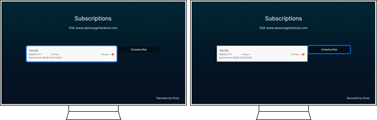 “Subscriptions” screen with membership plan highlighted. “Subscriptions” screen with “Unsubscribe” highlighted.