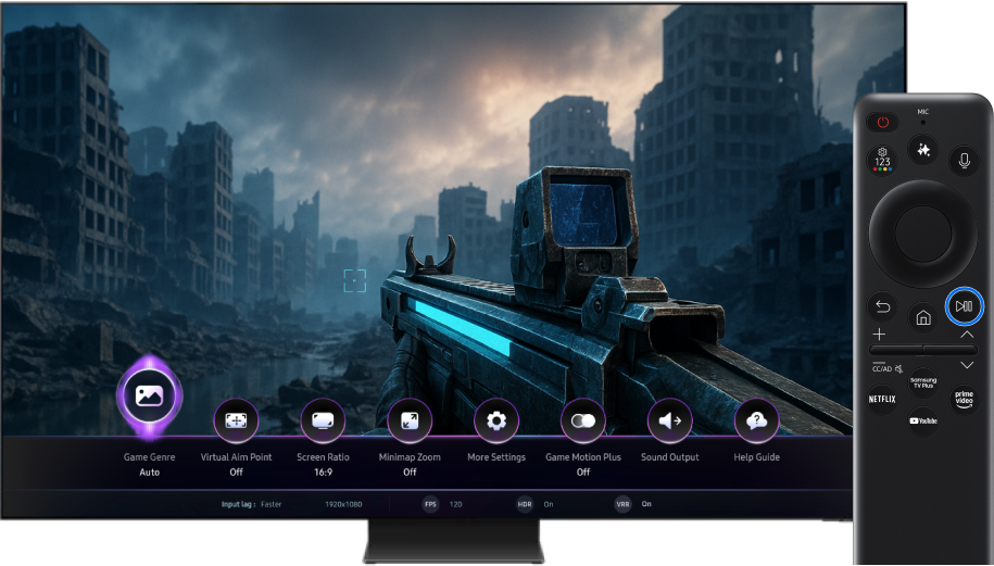 Game Bar interface displayed with Play/Pause button on the Samsung Smart remote highlighted.