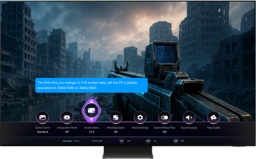 Game Bar on a 2025 Samsung Smart TV showing the Screen Ratio option set to 21:9 for Ultrawide GameView.