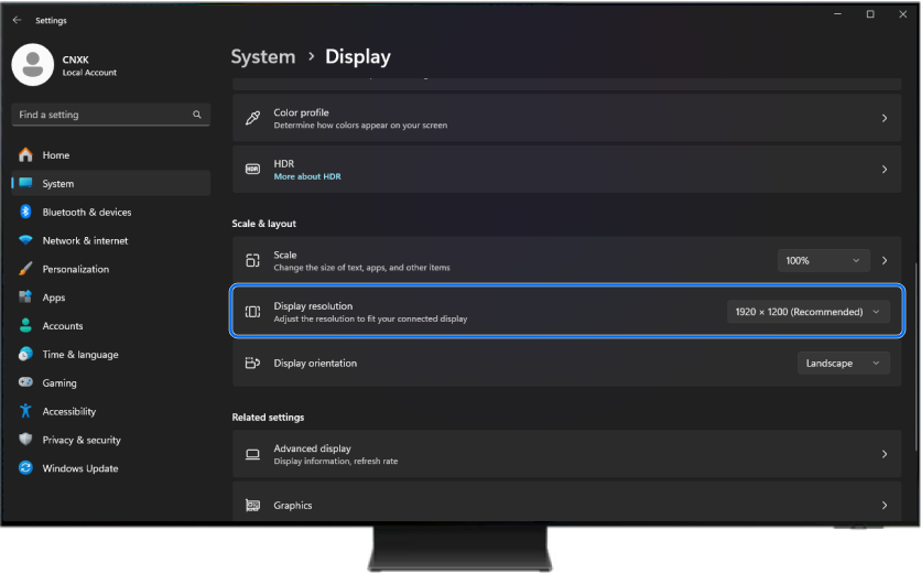 System display settings on a PC, highlighting the display resolution option set to 1920x1080.