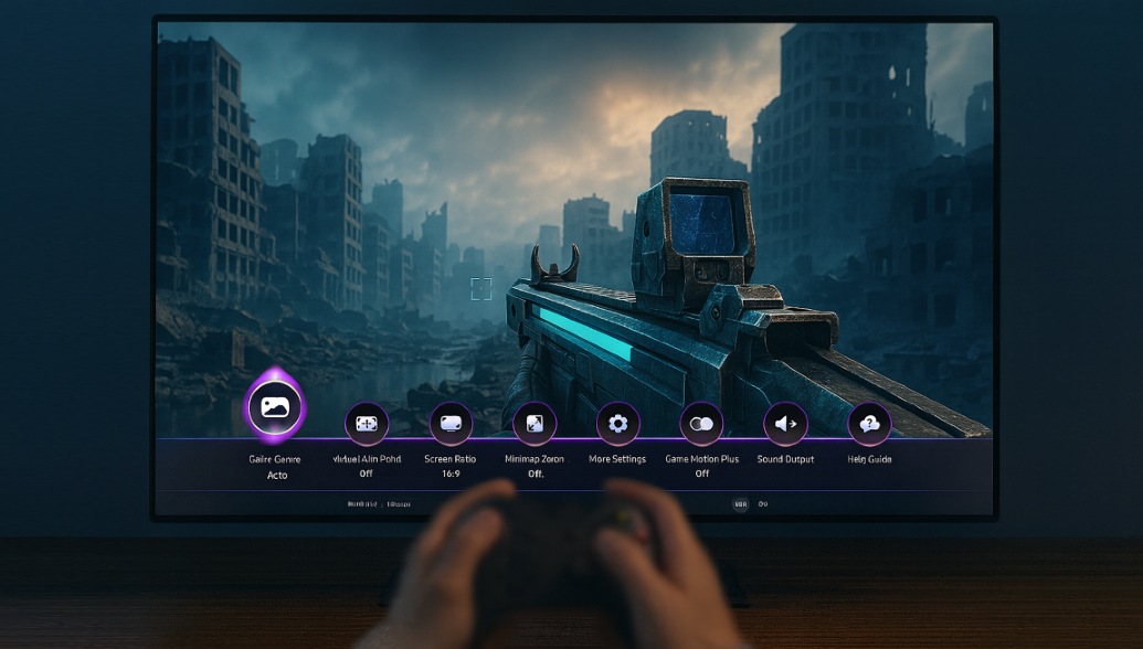 A person using a game controller to navigate the Game Bar on a TV.