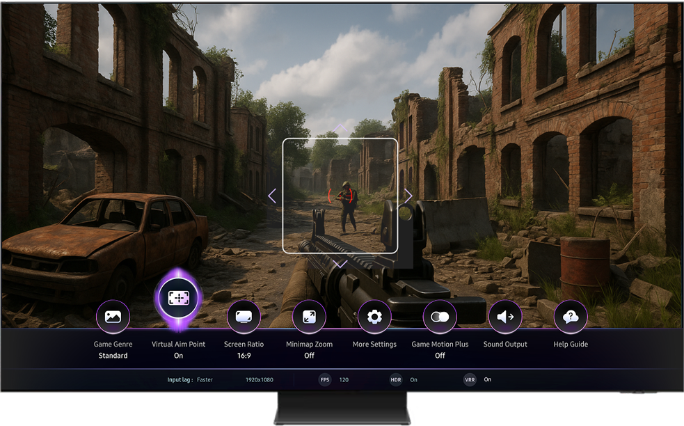 The Virtual Aim Point feature is activated with a customizable crosshair overlay visible in a first-person shooter game.