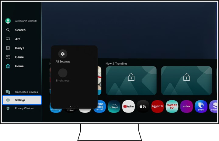 Settings selected on Samsung TV