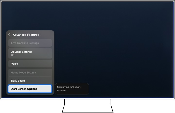 Start Screen Options selected in Samsung TV settings menu