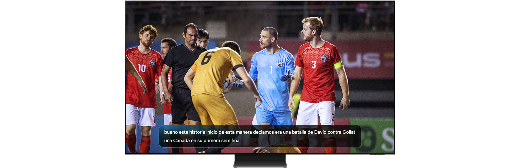 Live Translate interface displaying real-time subtitle translation on a Samsung Smart TV during a live broadcast.