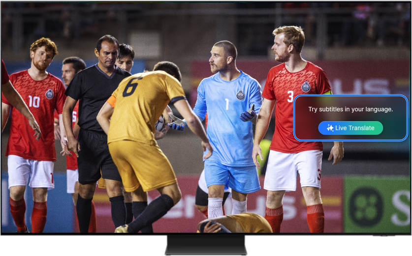 TV on-screen prompt recommending Live Translate when foreign-language content is detected.