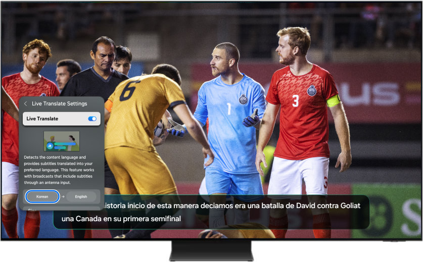 Live Translate settings screen with detected broadcast language and translation language set to English.