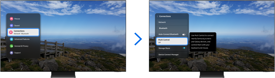 Samsung TV showing the side menu open with 'Connections' and 'Multi Control' menu selected.