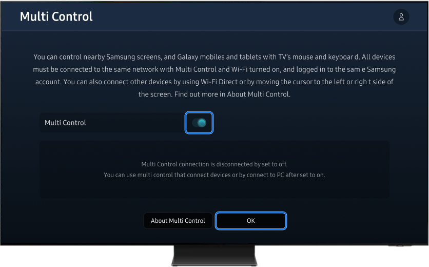 Samsung TV showing the Multi Control page where one can turn on or off the feature.