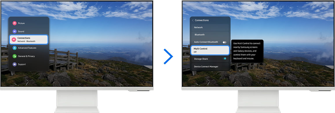 Samsung smart monitor displaying Connections menu on the left and Multi Control menu on the right.