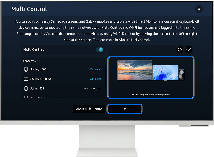 Multi Control page displayed on a TV with images of the connected devices listed on the right.