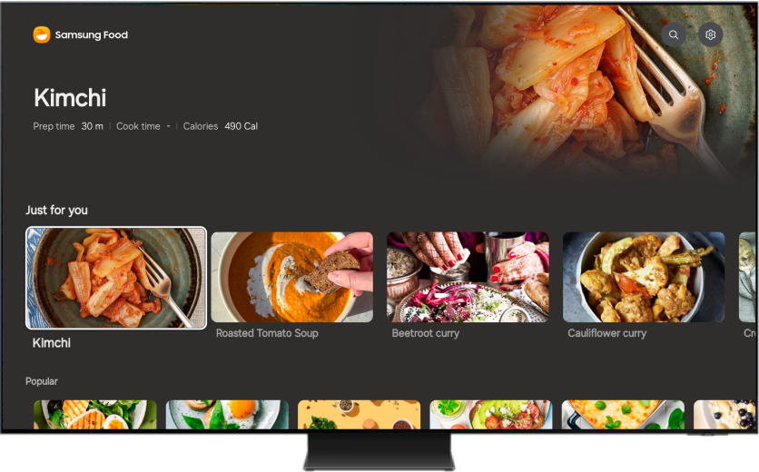 Samsung Food page for Kimchi recipe are showing on a Samsung TV