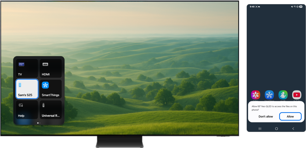 TV and a mobile device are alongside each other. Mobile device pop-up message says “Allow 65” Neo QLED to access the files on this phone?”.