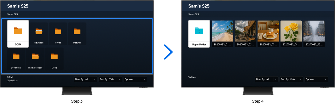 Sam’s S25 files are displaying on the Smart TV screen.