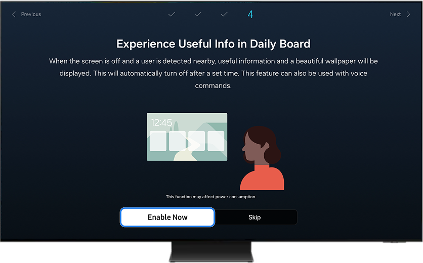 TV displaying Daily Board page with Enable Now button highlighted.