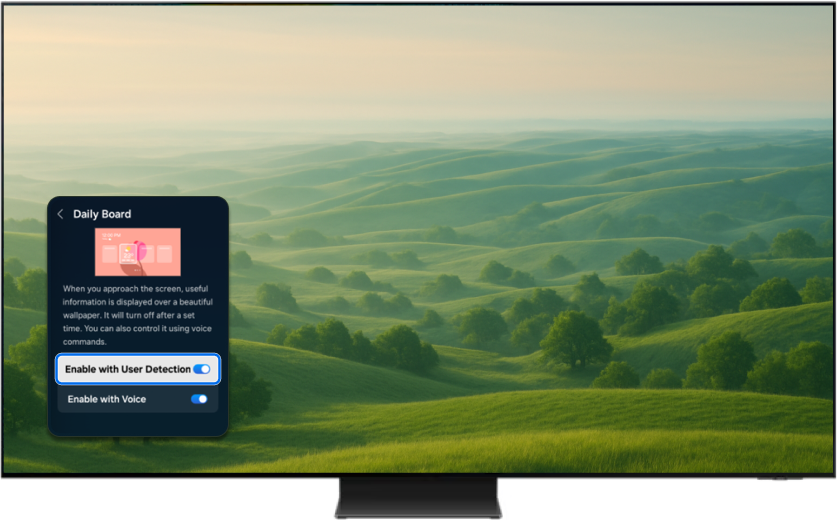 Samsung Smart TV displaying the Daily Board settings screen with Enable with User Detection menu on.