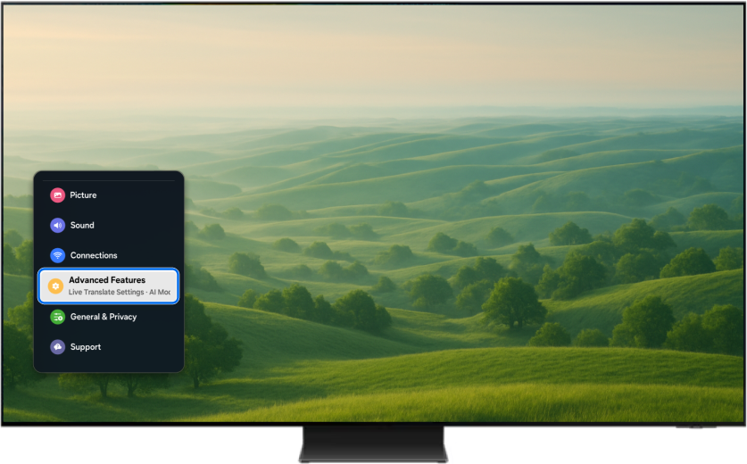 Samsung Smart TV displaying the side bar menus with Advanced Features selected.