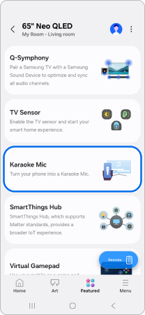 SmartThings app Featured page is open. Karaoke Mic menu is highlighted.