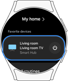 Living room TV is listed on the SmartThings app on a Galaxy watch
