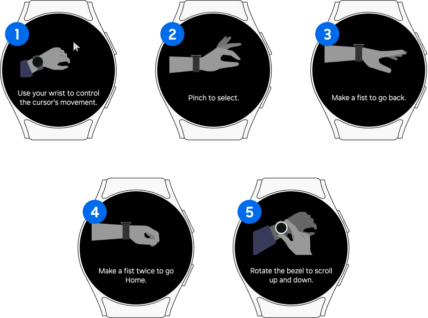 5 different hand gestures for Universal Gestures with Galaxy Watch