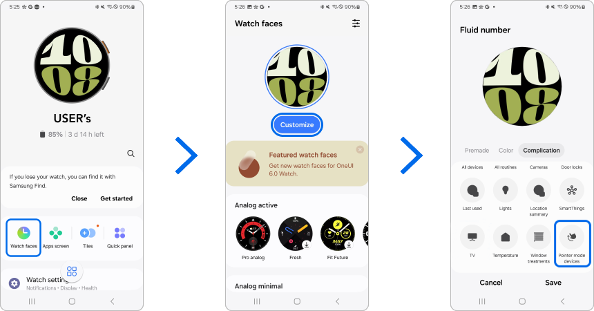 Showing 3 steps to set on a mobile device to quick access to Universal Gestures from Galaxy watch.