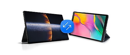Two tablets sit side by side. One on the left shows a planet on the screen, the one on the right show bright graphics. Between them sits a circle with two diagonal arrows.