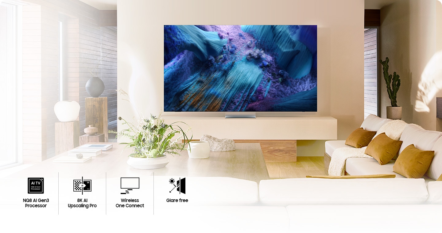 Neo QLED 8K screen blends seamlessly into the background of a modern living room. Icons indicating the top features which are NQ8 AI Gen3 Processor, 8K AI Upscaling Pro, Wireless One Connect and Glare free.