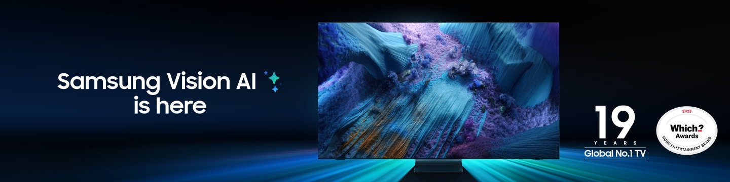 Samsung TV with a brilliant metallic design displayed. Logo indicating Samsung is ranked Global No.1 TV brand for 19 years. Samsung Vision AI is here with shining ai visual cue.