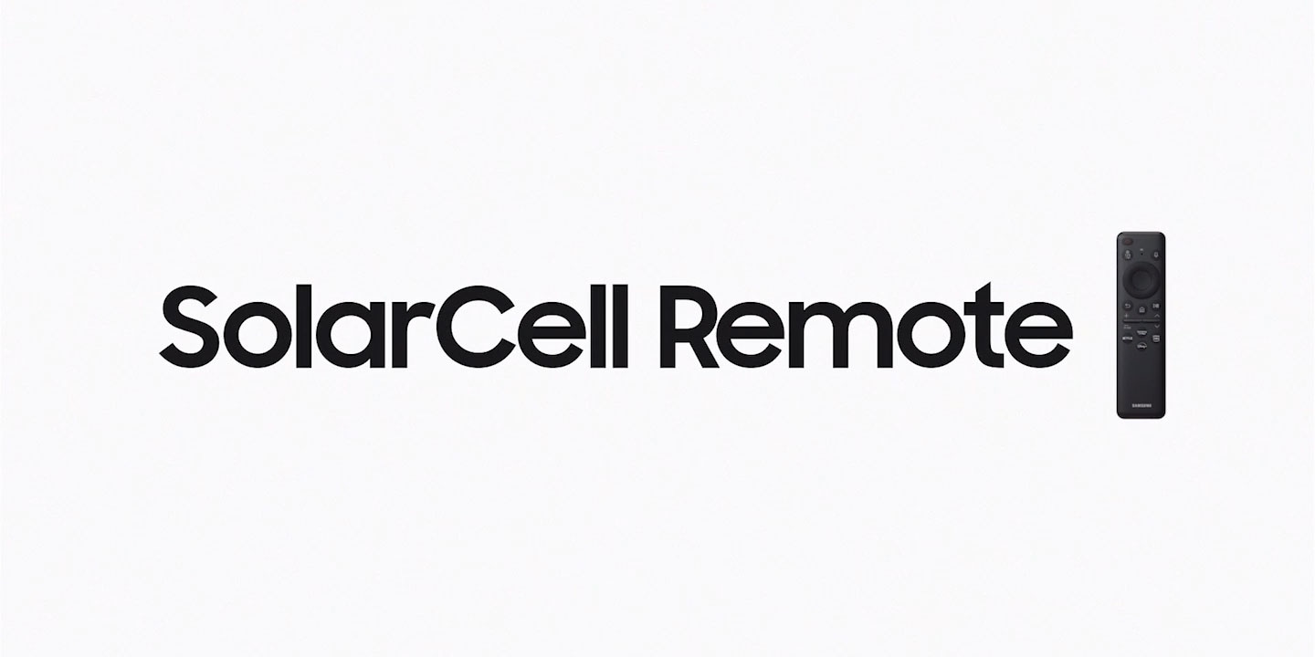 The Samsung SolarCell Remote appears, showcasing both its front and back sides. The words 'SolarCell' and 'Remote' appear from each side, spelling out SolarCell Remote with the actual remote in the middle.