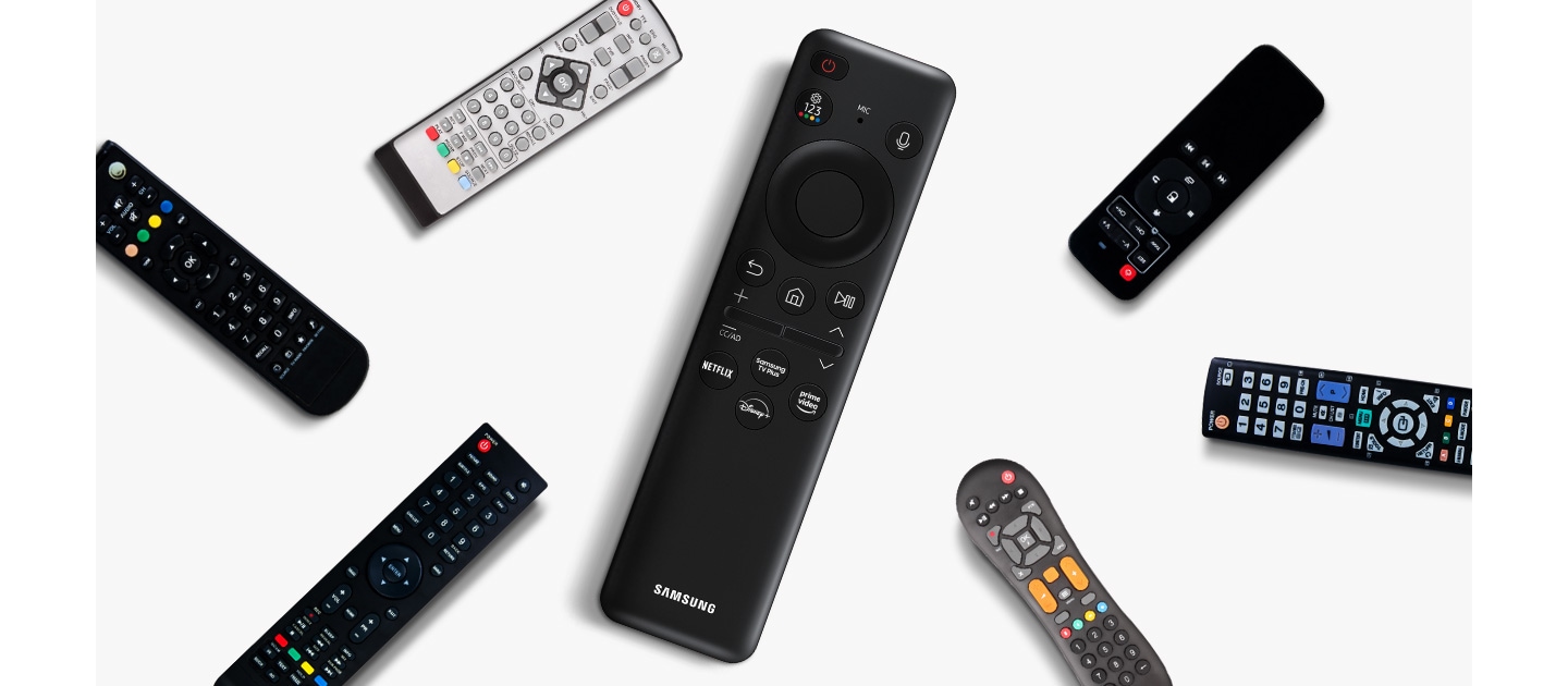 Many different remote controls are scattered against a white background. The remotes start shaking and then converge into the SolarCell Remote.