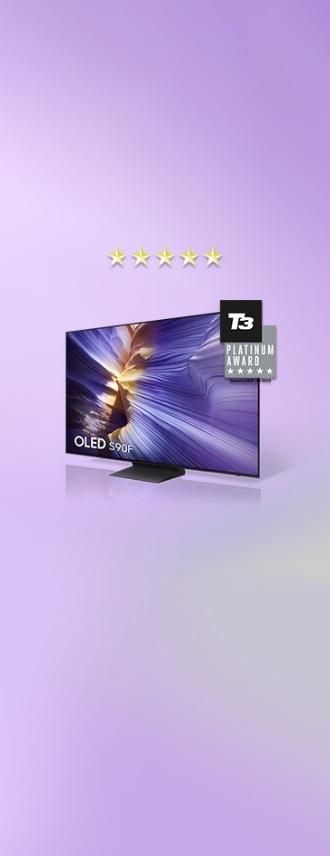 OLED S90F. T3 PLATINUM AWARD logo featuring Samsung S90F, 04/2025.